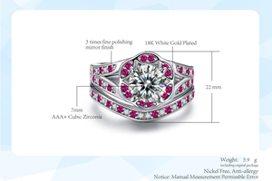 Detail van 18K witgoud vergulde ringenset met 7mm AAA-zirkonia en roze accentstenen