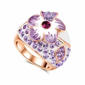 Romantischer Lila Blume Emaille Kupfer Ring Für Damen Roségold Vergoldet Mikro Zirkonia Elegant Floral Mode Schmuck Geschenk
