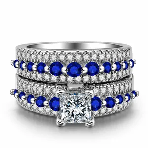 Luxury Copper Zirconia Blue Stone Double Ring Set For Women White Gold Plated Cubic Zirconia Engagement Wedding Party Jewelry Finger Ring