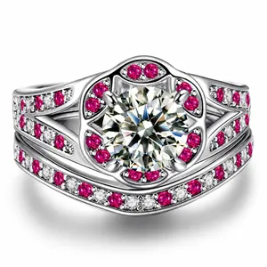 Luxe Witgoud Vergulde Koperen Bloem Ring En Bijzetring Voor Dames AAA Zirkonia Ronde Hoofdsteen Magenta Strass Bruiloft Sieraden