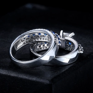 Elegant white gold plated wedding ring set with blue zircon and square crystal gemstones