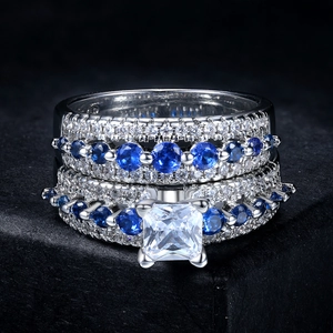 Elegant platinum-plated two-piece ring set with blue zircon and white square gemstone