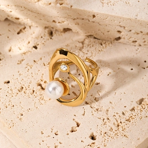 Irregular Open Ring 18K Gold Plated Stainless Steel With Artificial Pearl Zirconia French Style Minimalist Jewelry For Women Gift