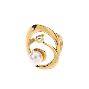 Irregular 18k gold plated stainless steel ring with white pearl and sparkling zircon