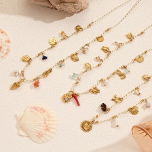 Bohemian Handwoven Stainless Steel Pendant Necklace With Artificial Pearl Shell Natural Stone Summer Beach Women Jewelry