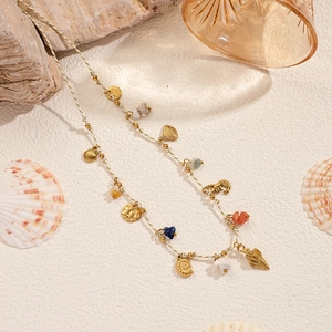 Bohemian braided rope necklace with golden sea shell starfish and pearl charms