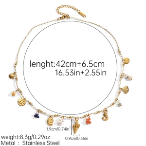 Detail of bohemian woven necklace with gold sea shells, starfish charms and colorful stones