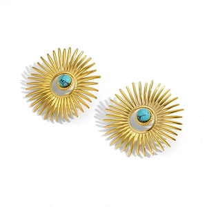Boucles d'oreilles soleil dorées 18K de style français avec pierre de turquoise