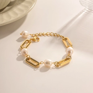 Baroque Freshwater Pearl Bracelet 18K Gold Plated Stainless Steel Geometric Link Chain Jewelry Women Accessory