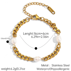 Detail view of 18K gold plated stainless steel Cuban chain with freshwater pearls and sizes