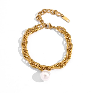 18K gold plated Cuban chain bracelet with a large white freshwater pearl pendant