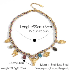 Detailed view of bohemian braided rope necklace with colorful stones and charms