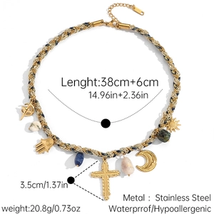 Detail view of woven cord necklace with mixed stainless steel charms and colorful natural stones