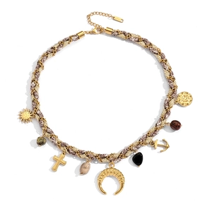 Braided rope necklace with sun and heart stainless steel charms in a circular layout