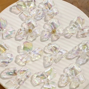 Iridescent transparent acrylic flower beads with gold centers for DIY jewelry making