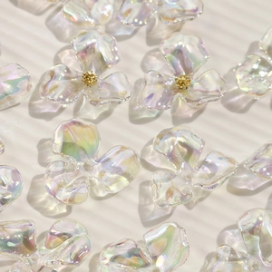 Iridescent AB acrylic flower petals with golden stamen for DIY jewelry making