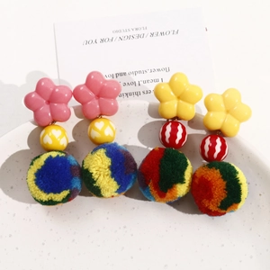 Handmade 30mm colorful pom-pom flower earrings with resin beads and soft plush texture