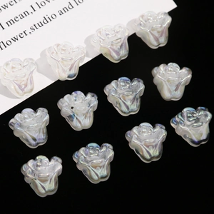 Macro view of 13pcs iridescent aurora acrylic rose flower charms for DIY jewelry making