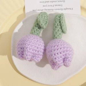 Handmade crochet light purple tulip accessories with green leaves for DIY crafts