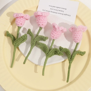 Handmade Cotton Crochet Tulip Flower Pink DIY Jewelry Accessory Brooch Pendant Home Decor Knitted Floral Ornament
