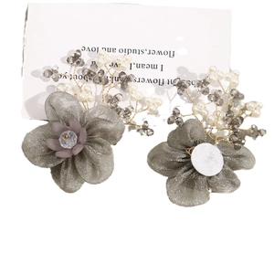 Handmade mesh flower hair clips with wire branches, faux pearls and gray crystal beads