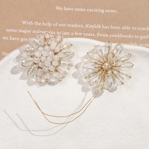 Handmade transparent glass drop flower earrings with gold wire and pearl center