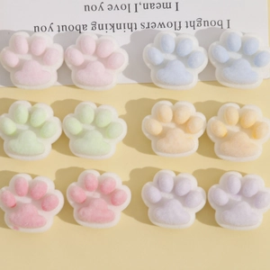 Set of 12 colorful flocked resin cat paw charms in macaron colors for DIY hair accessories