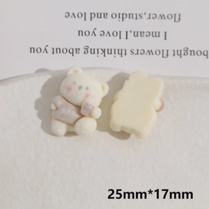 Front and back view of a 25x17mm flocked cream bear resin DIY accessory