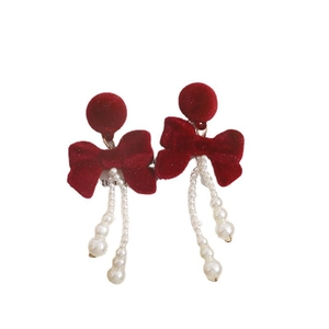 Elegant red flocked bow earrings with white imitation pearl tassels for women