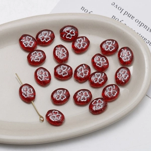 Czech glass red oval beads with silver clover pattern for DIY jewelry making