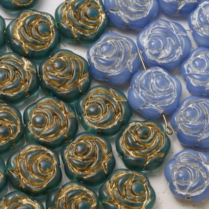 Vintage rose flower Czech glass beads in blue-green and purple for DIY jewelry making