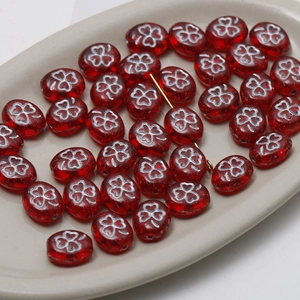 Red Czech glass oval beads with clover pattern for DIY handmade jewelry crafts