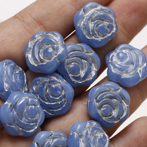 Handmade blue Czech glass rose beads with silver edges for DIY jewelry making