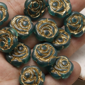 Vintage blue-green glass rose beads with gold engraving for DIY jewelry making