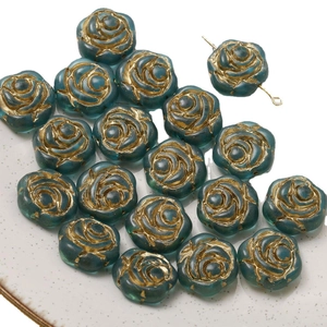 Vintage blue-green Czech glass rose flower beads with gold accents for DIY jewelry making