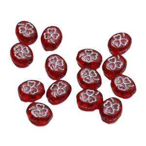 Red oval Czech glass beads with silver shamrock pattern for DIY jewelry making