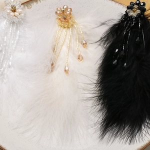 Detailed view of handmade crystal bead flower charms with long soft feather tassels