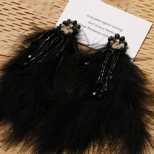 Detailed close-up of handmade black feather earrings with beaded flowers and crystals