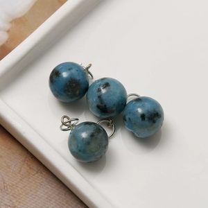 Blue natural stone ball pendants with black spots and silver rings for jewelry DIY