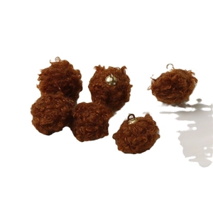 Five brown faux fur pom pom pendants with gold rings for DIY jewelry making