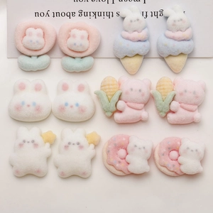 Kawaii cartoon resin flocked DIY charms featuring rabbits, bears and donuts on white base