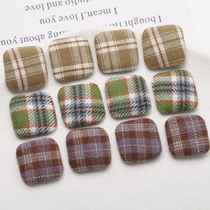 Retro plaid fabric square buttons in brown, green, and purple for DIY craft accessories
