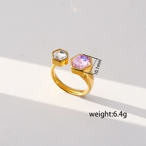 Detail view of adjustable gold ring with hexagon crystals showing 10.1mm width