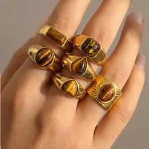 Bague Oeil de Tigre en Acier Inoxydable Vintage Français pour Femmes Plaquée Or Coeur Géométrique Ovale Bijoux Pierre