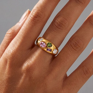 18K Gold Plated Stainless Steel Chunky Dome Ring For Women Vintage Multicolor Rhinestone Inlaid Geometric Statement Ring Jewelry
