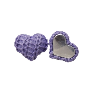 Pair of purple knitted heart embellishments with flat metal back for DIY crafts