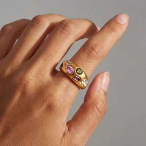 Chunky 18k gold plated stainless steel ring with colorful zircon stones on model hand