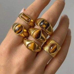 Ensemble de bagues vintage en acier doré avec pierres œil de tigre naturelles pour femmes
