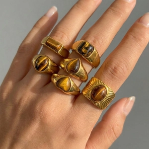 Ensemble de bagues vintage en acier inoxydable doré avec pierres œil de tigre