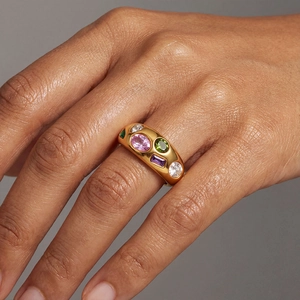 18k gold plated stainless steel dome ring with vibrant multi-colored cubic zirconia
